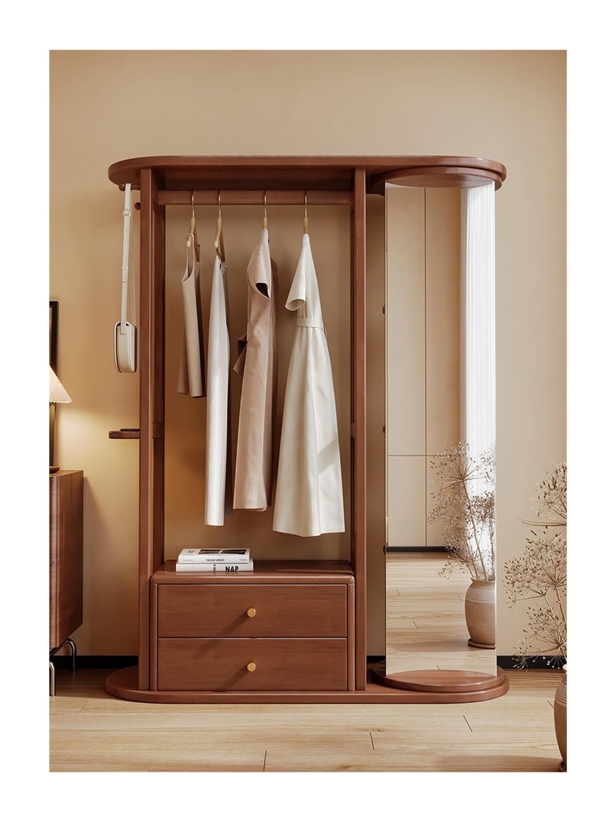 Specchio a Figura Intera da Terra, Appendiabiti in Legno massello, Appendiabiti Girevole con Specchio Integrato, Appendiabiti da Camera da Letto con cassetto Contenitore