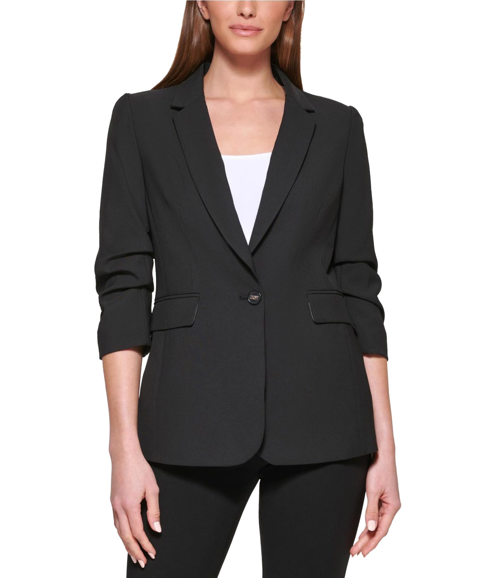 DKNY Womens Madison Rayon Cinched Sleeve One Button Blazer Jacket Black Petite 6P