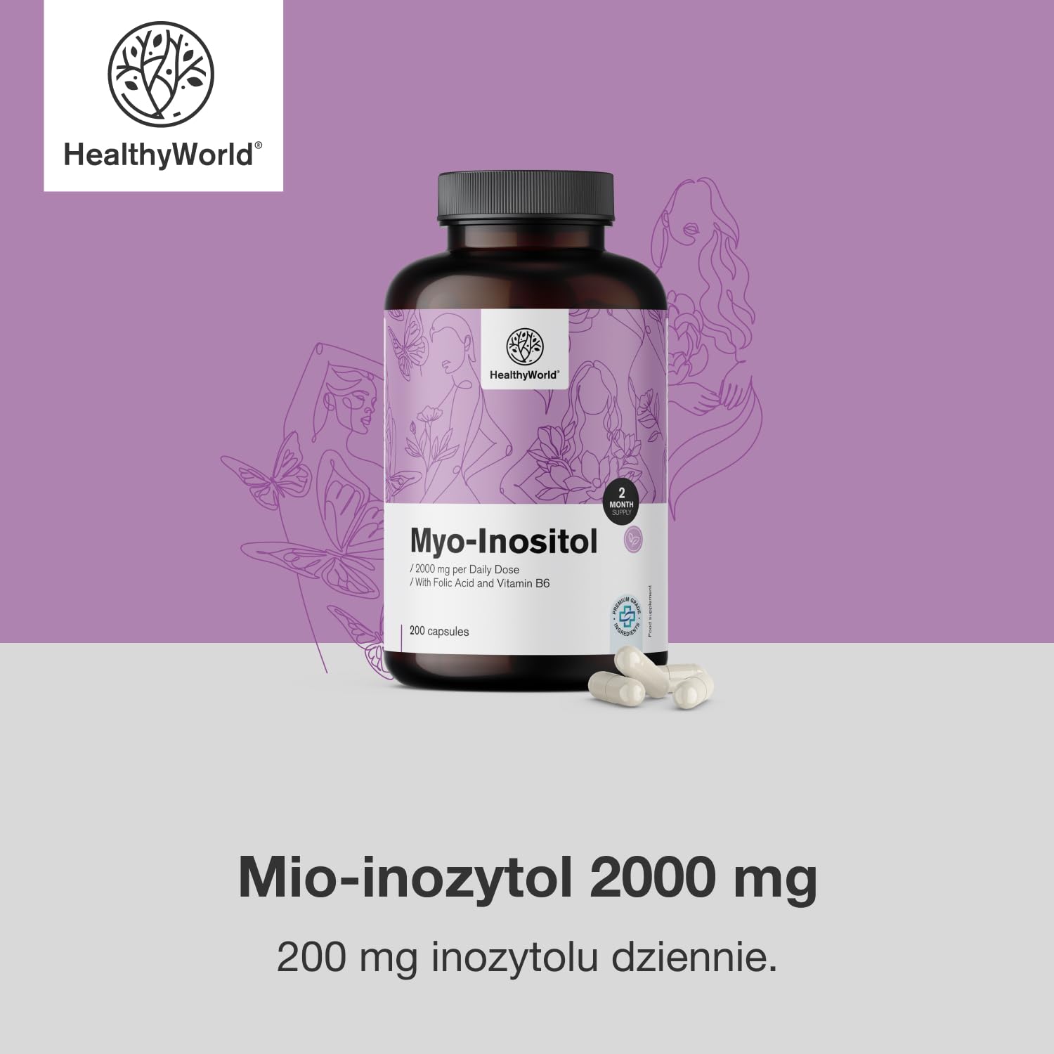 HealthyWorld Mio-Inozytol 2000 mg – 200 Kapsułek Roślinnych – Dla Kobiet – Kwas Foliowy, Witaminy B6 i B8 – Wsparcie Hormonów i Nastroju – Bez Alergenów – 2-Miesięczny Zapas