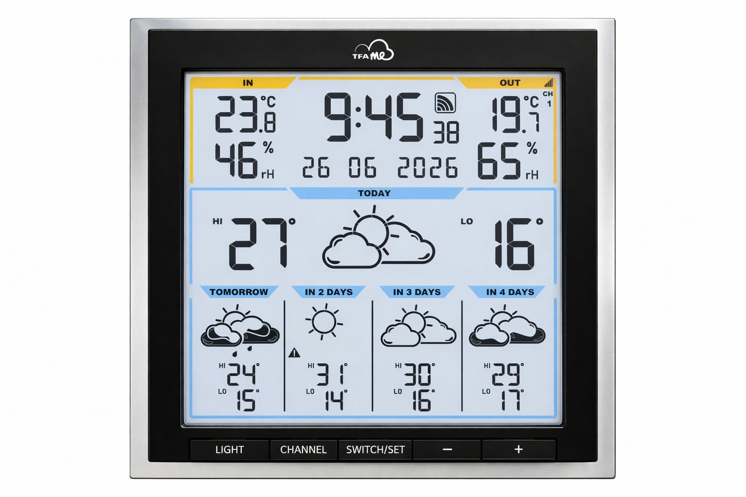 TFA 35.8105 WLAN Funkwetterstation TFA.me ID-08 Wetterprognose wetter.com 5 Tage mit Wettersymbolen, UV-Index, Regenmenge, Windgeschwindigkeit, Windrichtung (Blackline)