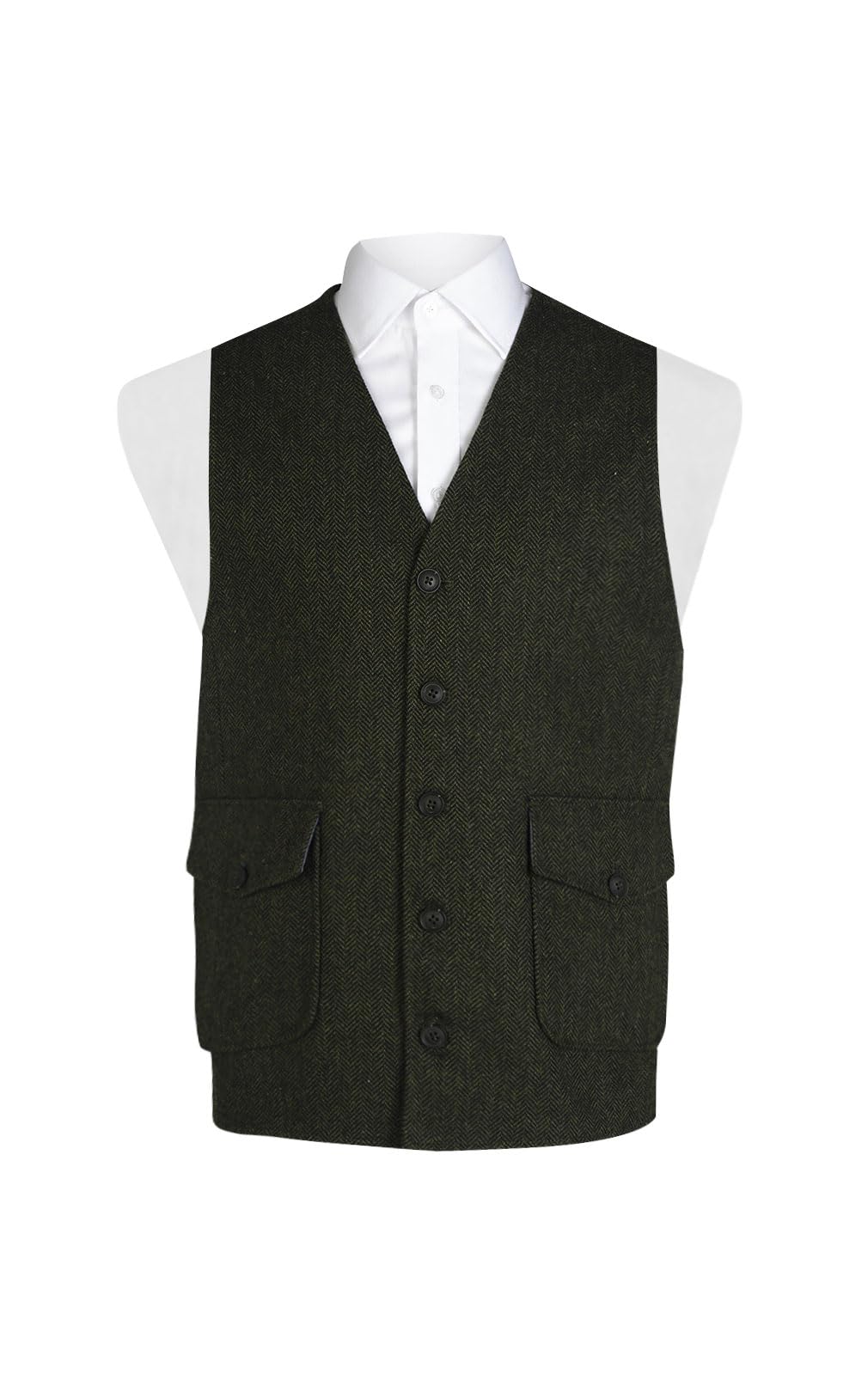 Dobell Men's Green Herringbone Tweed Waistcoat - Wool - Large