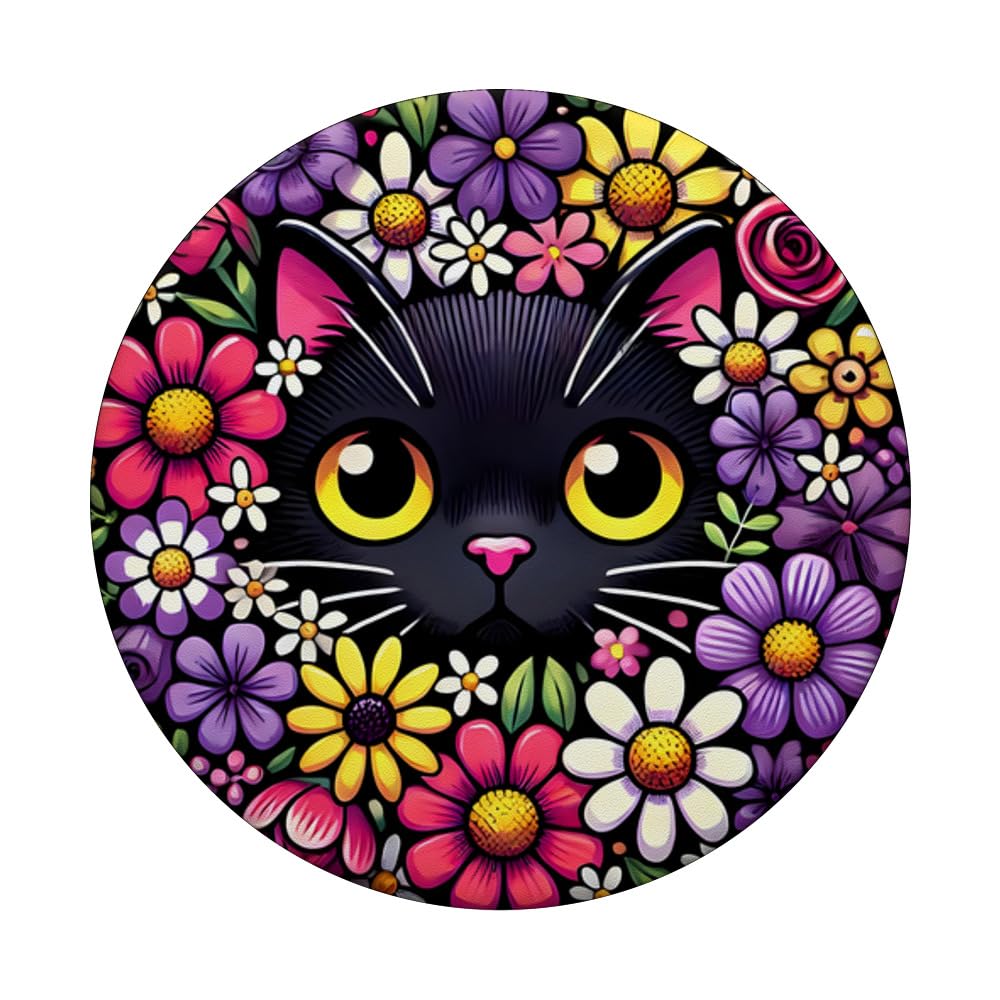 Black Cat Colourful Flowers Flowers Cartoon Cat PopSockets Swappable PopGrip - Image 3