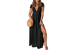 Women's Sexy Black Deep V Neck Short Sleeve Long Dresses