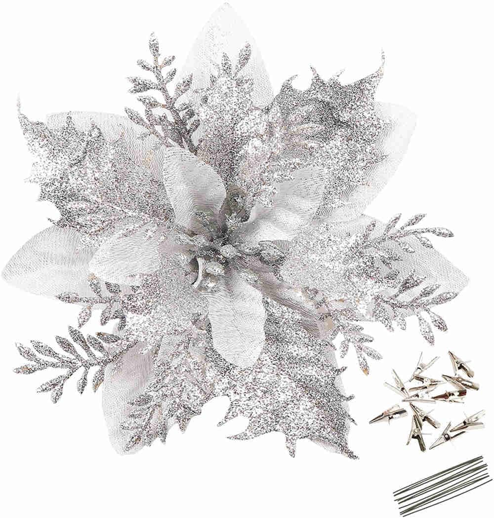 GREENTIME 12 Pcs 14cm / 5.5in Silver Poinsettia Artificial Flowers with Clips and Stems Glitter Christmas Tree Poinsettia Decorations for Xmas Wedding Party Wreath