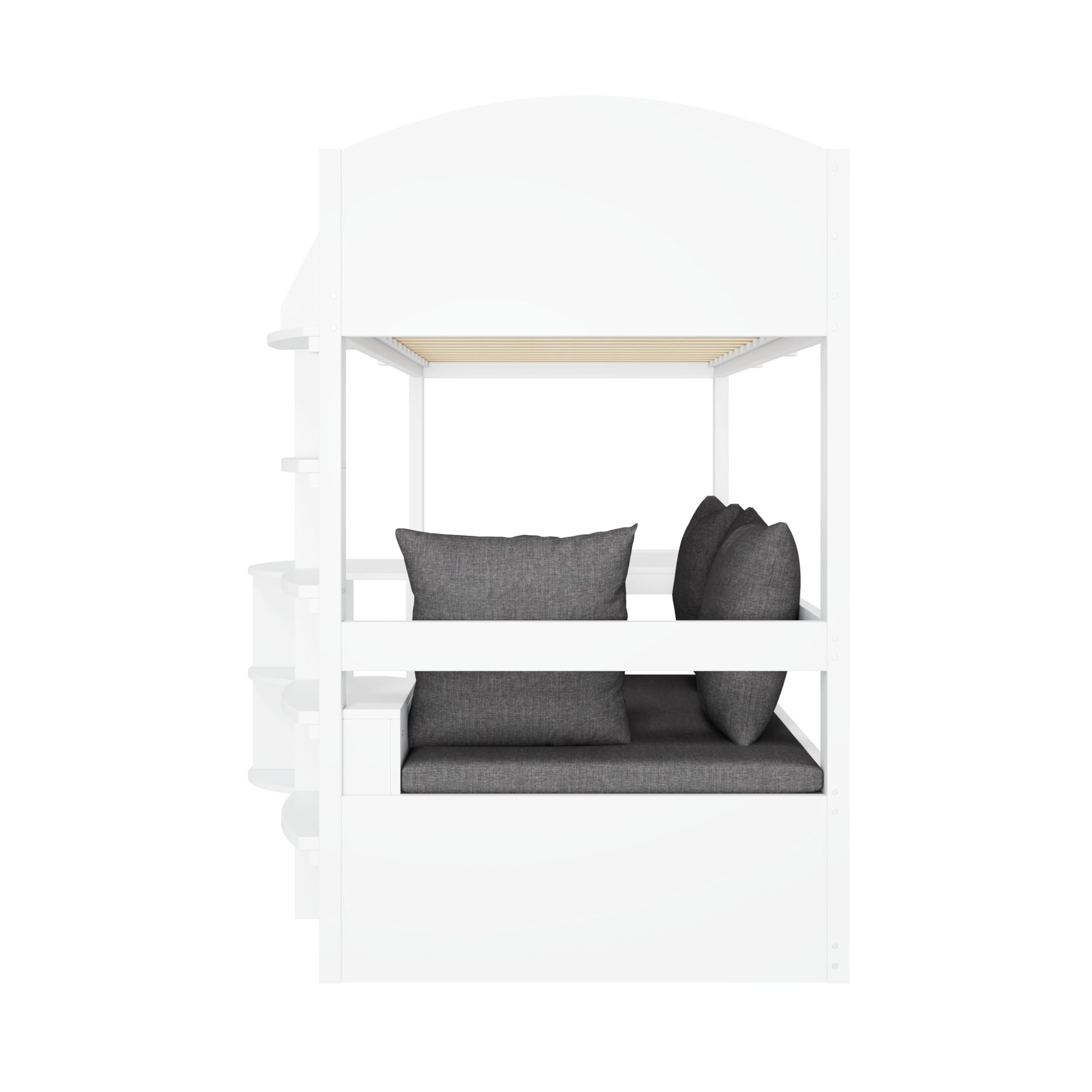 Multifunktionales Kinderbett 90x200cm, Etagenbett Hochbett mit ausziehbarem Tisch, Sofa mit Stauraum, Sitzkissen, Kissen und Lagerregale, Stockbett Kinderhochbett Jugendhochbett, Ohne Matratze, Weiß