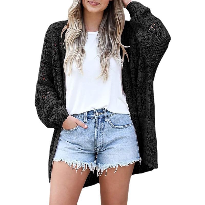 Womens Casual Crochet Cardigan Lightweight Long Sleeve Solid Color Loose Fit Fall Open Front Trendy Outwear Sweaters Top