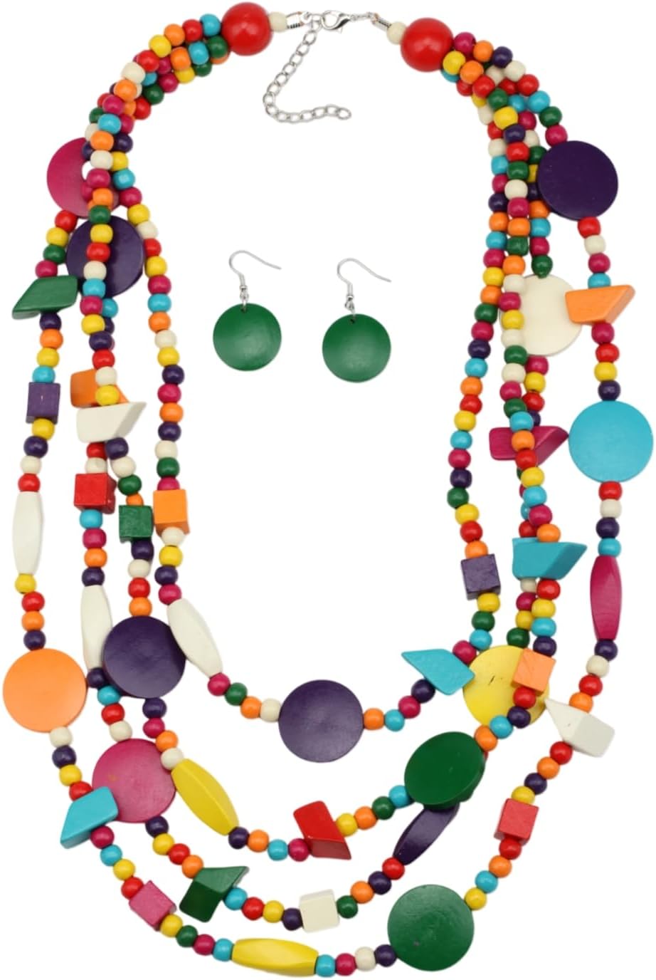 Colorful Beaded Necklace Earrings Set for Women Chunky Statement Wood Ethnic Tribal Multi Strands Bold Bohemian Festival Jewelry