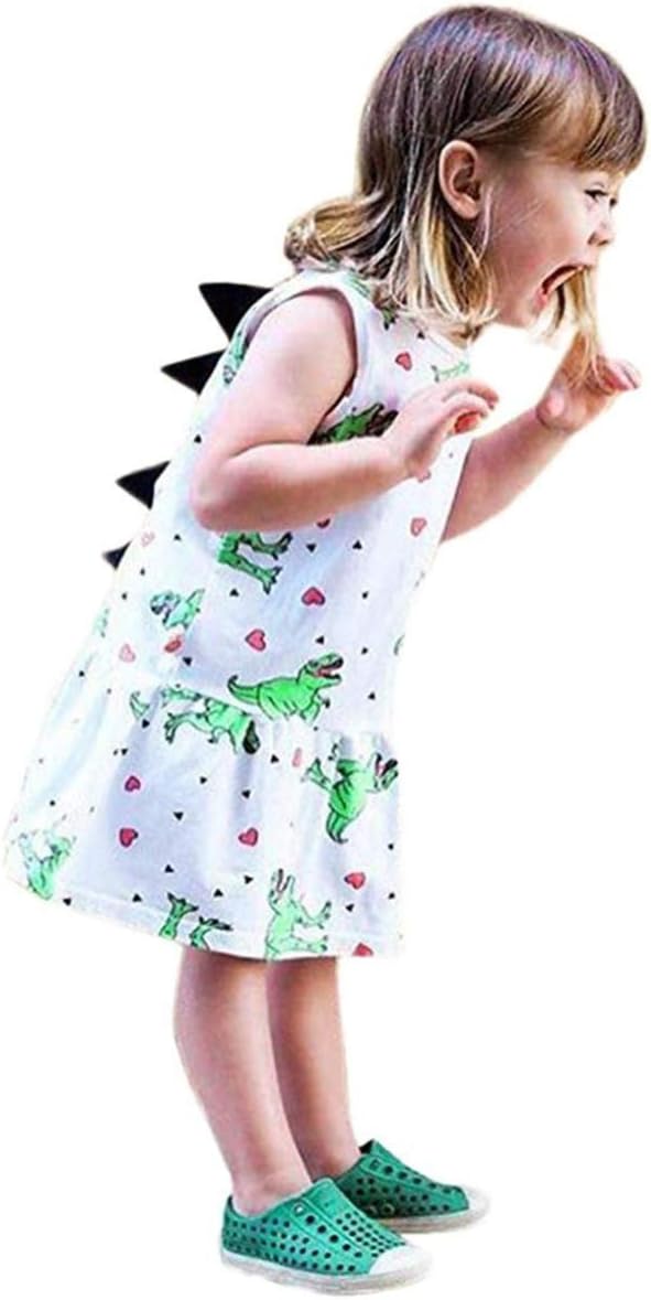 Baby Girls Sleeveless Dress Cartoon Dinosaur Rainbow Striped Summer Sundress (Green, 110/4-5 Years)