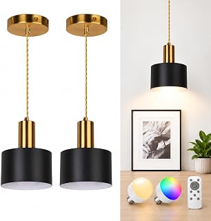 Battery Operated Pendant Lights, Black and Gold Iron Shade, 2 Pack | Includes 2 Rechargeable 5200mAh RGB Bulbs with Remote for Cordless Lighting or Hardwire with Compatible Standard Bulbs