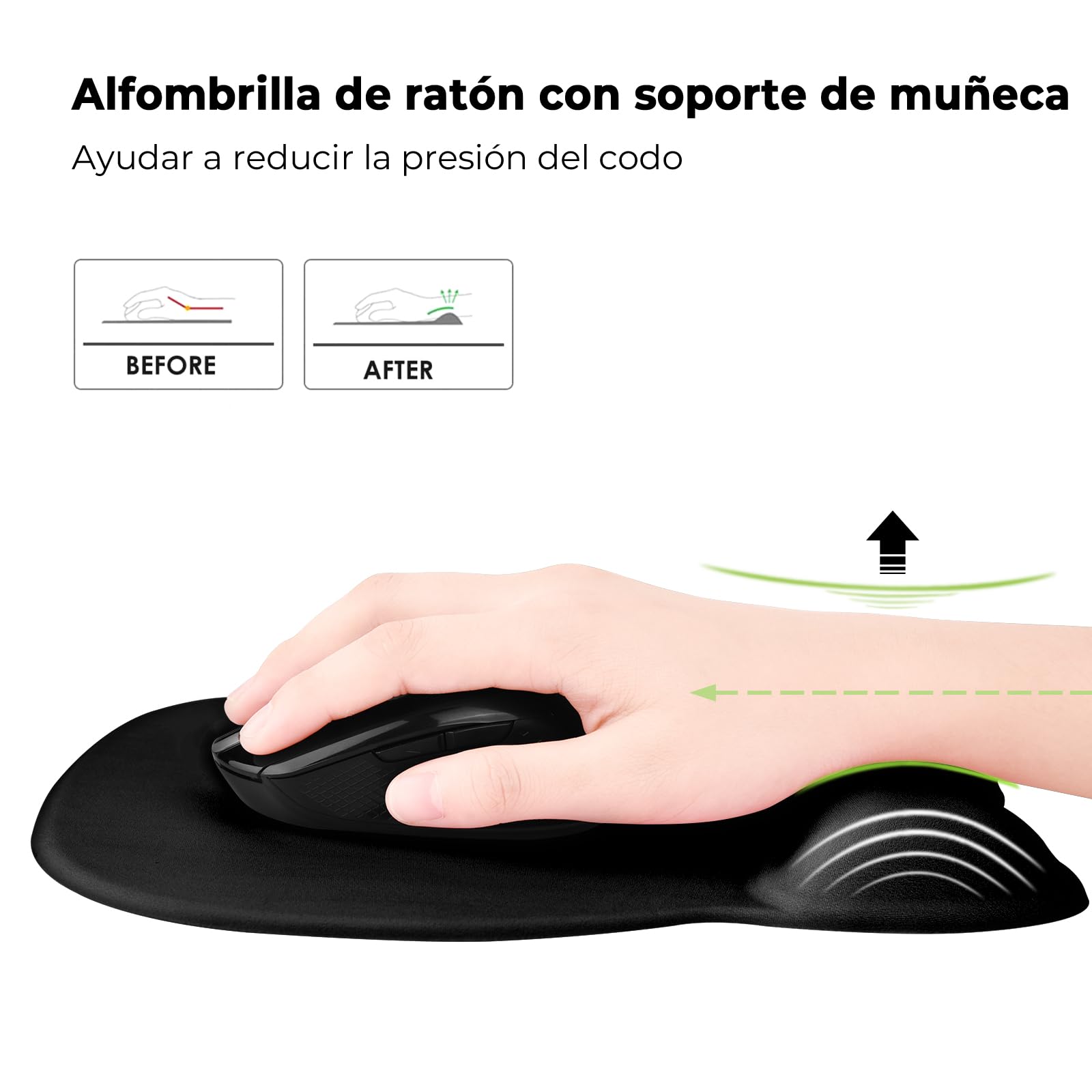 EooCoo Alfombrilla Ratón Ergonómico con Reposamuñecas, Gaming Mouse Pad con Tejido de Licra, Duradero Mousepad, Base no Deslizante, Alfombrilla de Ratón para PC, Portátil, Oficina y Hogar, Desk, Negro