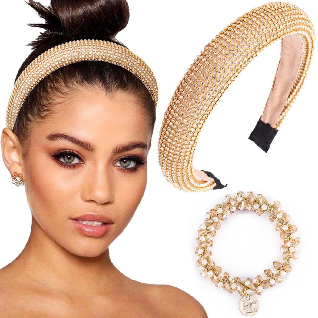 Bouory Gold Rhinestone Headband Padded Wide Hairband with