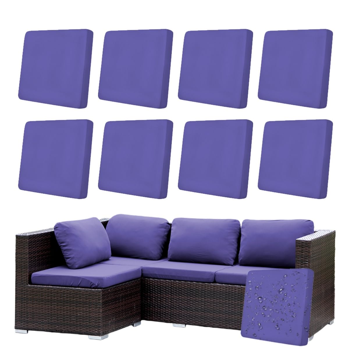 Hiseng Outdoor Cushion Covers Replacement 8/12 /14 PCS Water Resistant Patio Seat Cushion Covers for Garden Furniture Rattan Corner Sofa, Solid Color Soft Stretch Washable (Violet,8 PCS)
