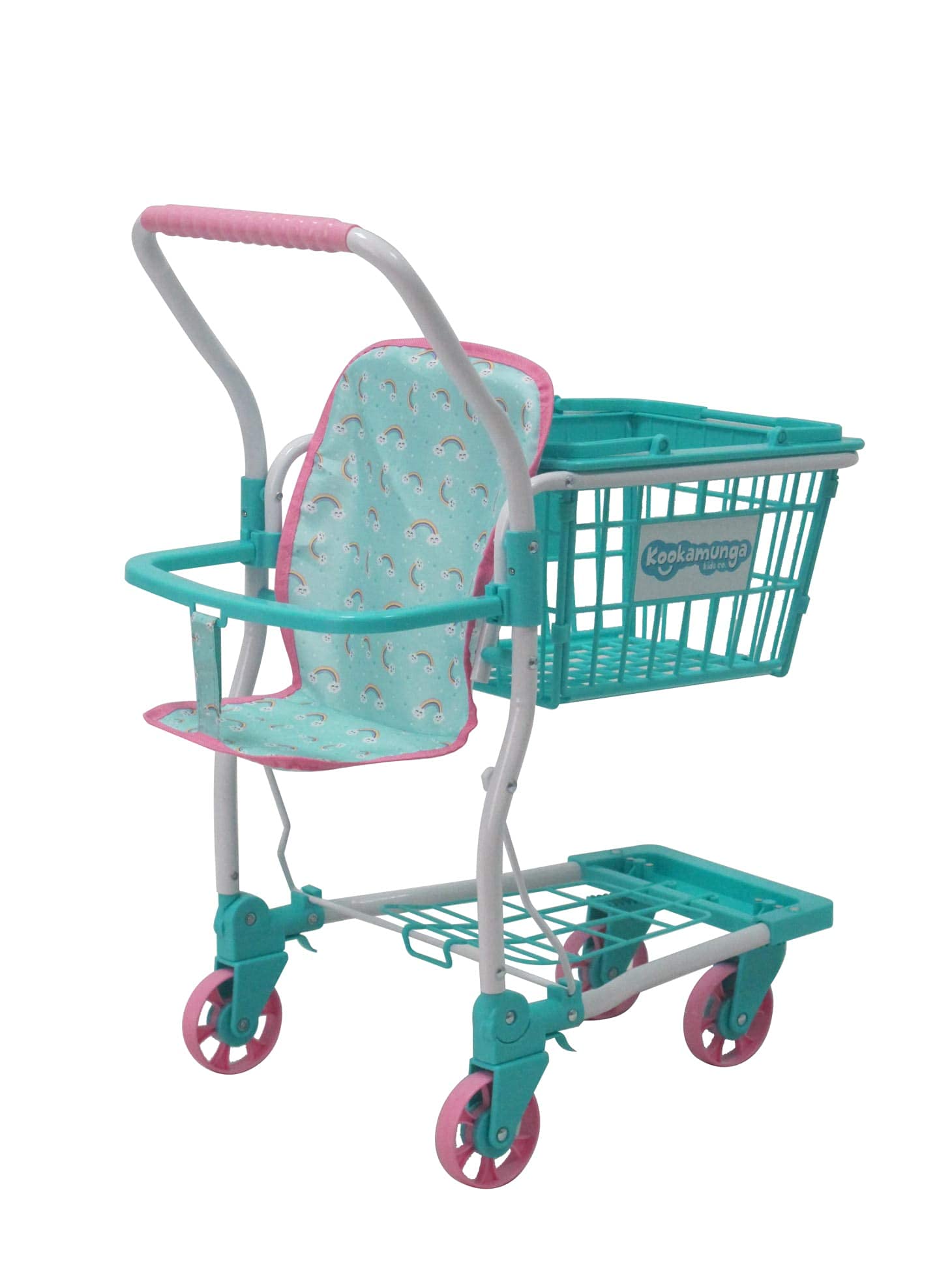 KOOKAMUNGA KIDS Toy Shopping Cart with Removable Hand Basket | Realistic 2 in 1 Kids Grocery Trolley with Front Doll Seat Carrier (Blue Rainbow Pattern)