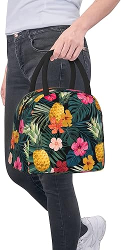 Miniatura 8 de Fiokroo Bolsa de almuerzo aislada con hojas de palma, flores de hibisco, fiambrera, piñas tropicales, frutas, bolsa de almuerzo reutilizable para