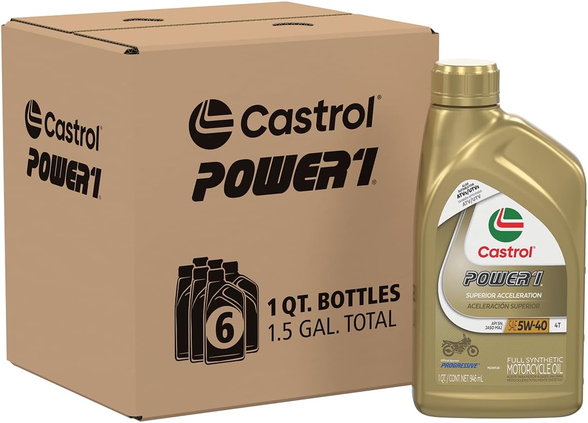 Castrol 06113 Power1 4T 5W-40 Synthetic Motorcycle Oil, 1 Quart Bottle, 6 Pack