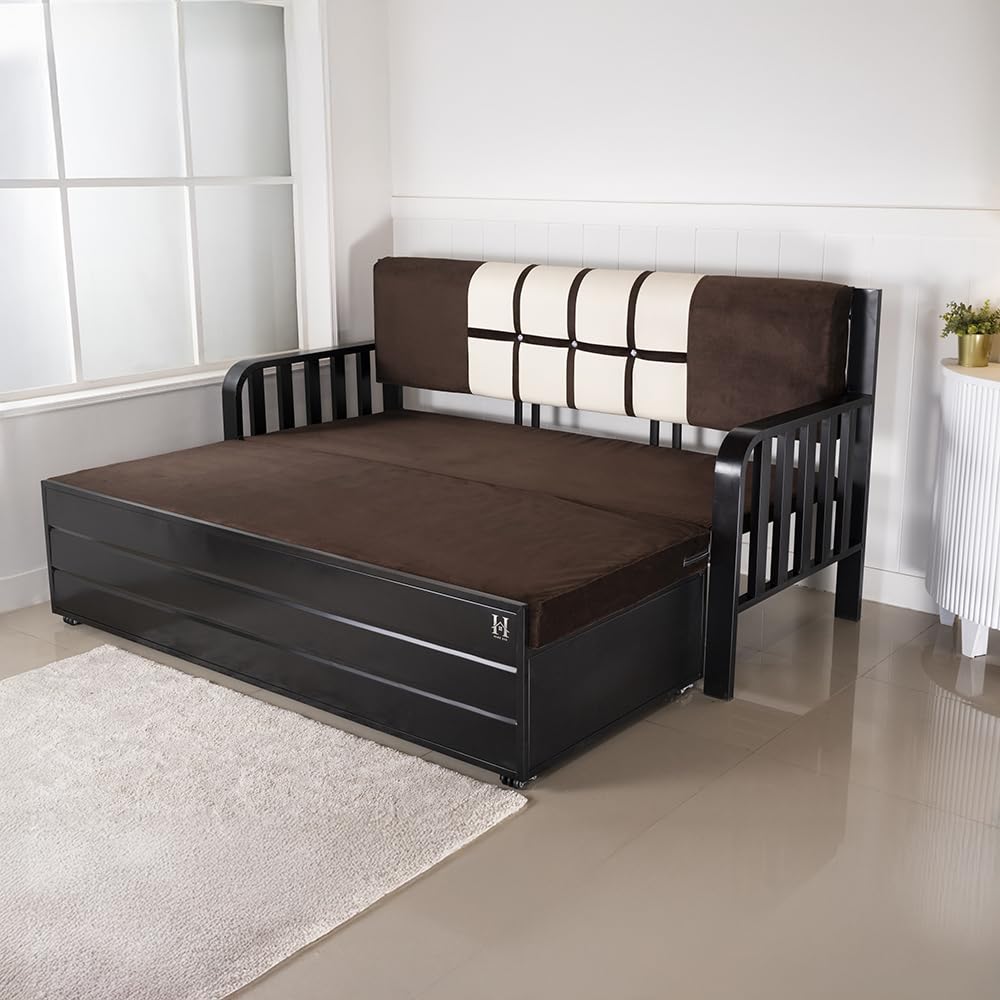 HomeHub Furniture Premium Etrica Metal Sofa Bed with Hydraulic Storage – 3 Seater Sofa with Cushions, Modern Living Room Sofa Set - Black Matte (King Size (6X6)