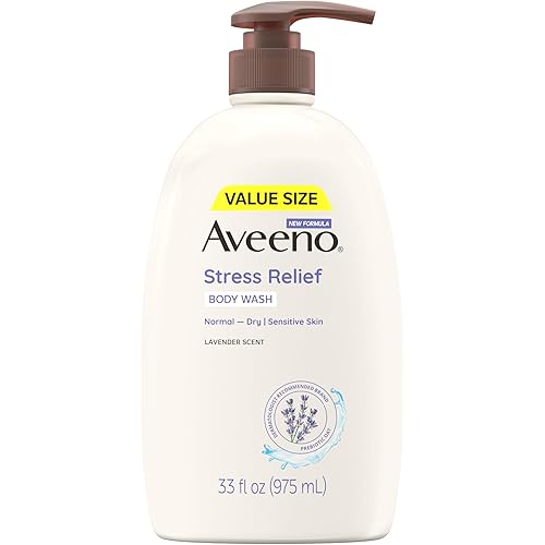 Aveeno Stress Relief Body Wash with Nourishing Oat & Lavender Scent for Sensitive Skin, Gently Cleanses & Helps You Feel Calm & Relaxed in the Shower, Soap-Free, 33 fl. oz