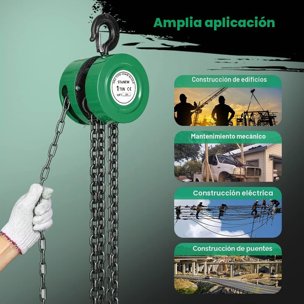 Polipasto de Cadena Manual con Gancho Resistente STANEW, Altura de Elevación 3,0 m, Verde, Doble Cadena de Carga, G80, Gancho de Elevación Con Seguridad (1 Tonelada 3,0 m)