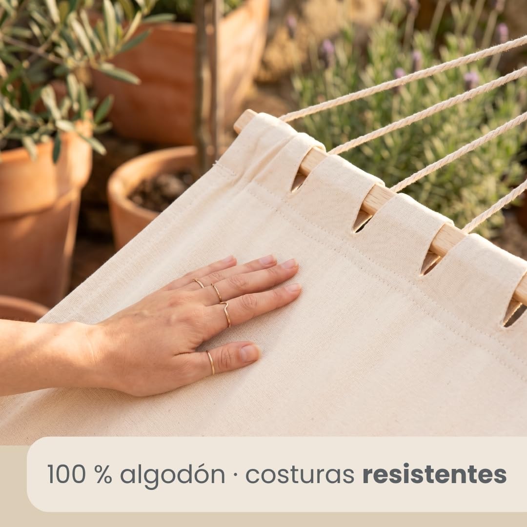 AMANKA XXL Hamaca con Barra Separadora 200x120 cm Beige - Colgante Doble 2 Personas 150kg - Algodón Resistente Exterior & Interior - Balcón Jardín Terraza Campings - 100% Puro Transpirable Natural
