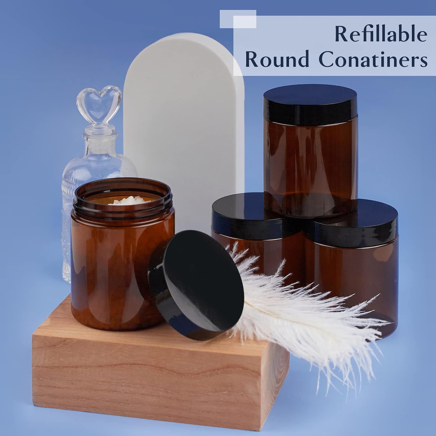 Qeirudu 8 oz Amber Plastic Jars with Lids and Labels, 12 Pack Refillable Empty Round Cosmetic Containers for Body Butter, Creams, Lotion, Essential oil, Powders, Ointments