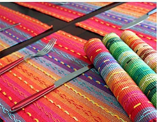 Ivenf Set of 4 100% Handmade Woven Braided Ribbed Cotton Table Mats/Placemats Rainbow Red 12" x 18"