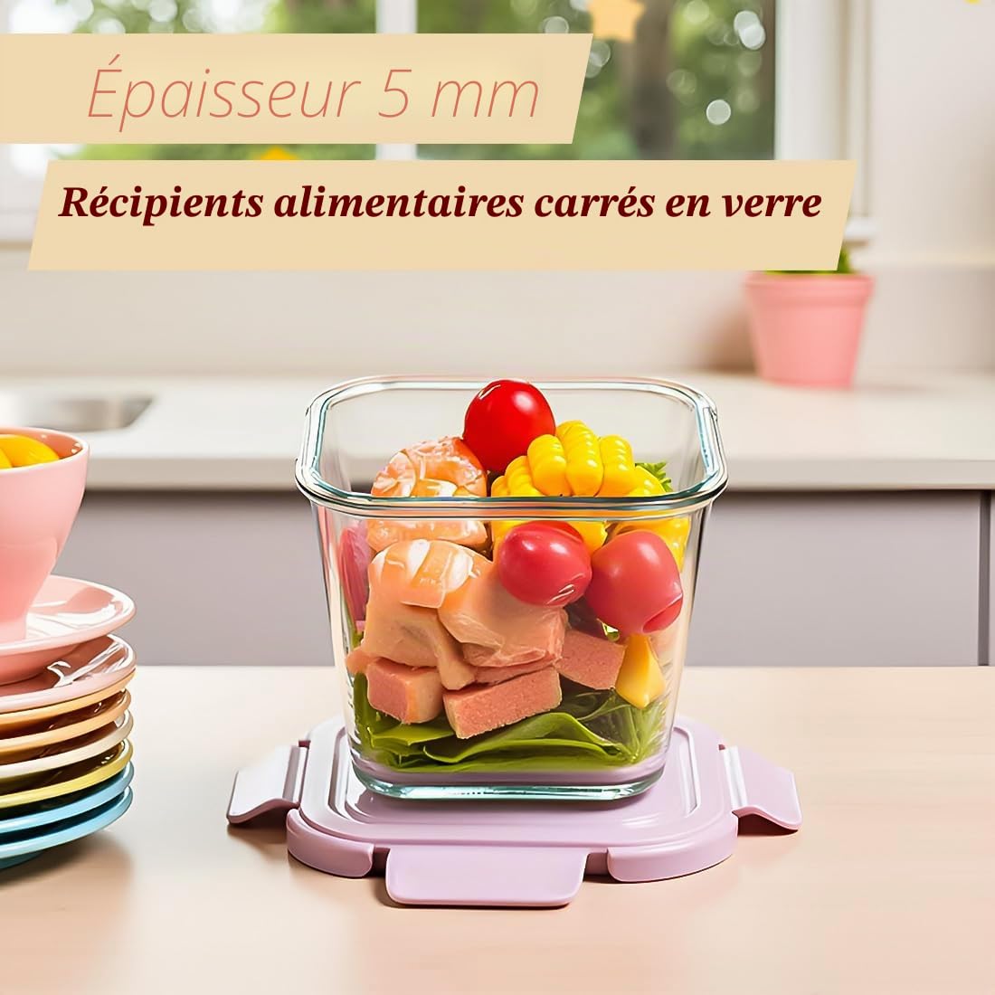 Lot de 4 Boîtes Alimentaire Hermétique en Verre, 800ml Boite de Conservation Verre avec Couvercle, Récipient Alimentaire Réutilisable Meal Prep Boîte Repas Carré,Passe au Micro-ondes et Lave-Vaisselle