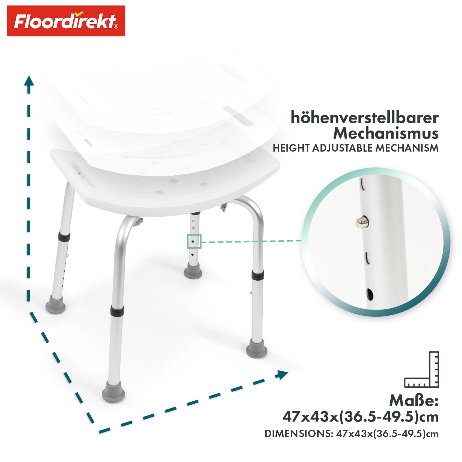Floordirekt Noah Plus taboret prysznicowy z regulacją wysokości 37,5-49,5 cm, obciążenie do 136 kg, taboret łazienkowy dla seniorów, antypoślizgowe gumowe nóżki