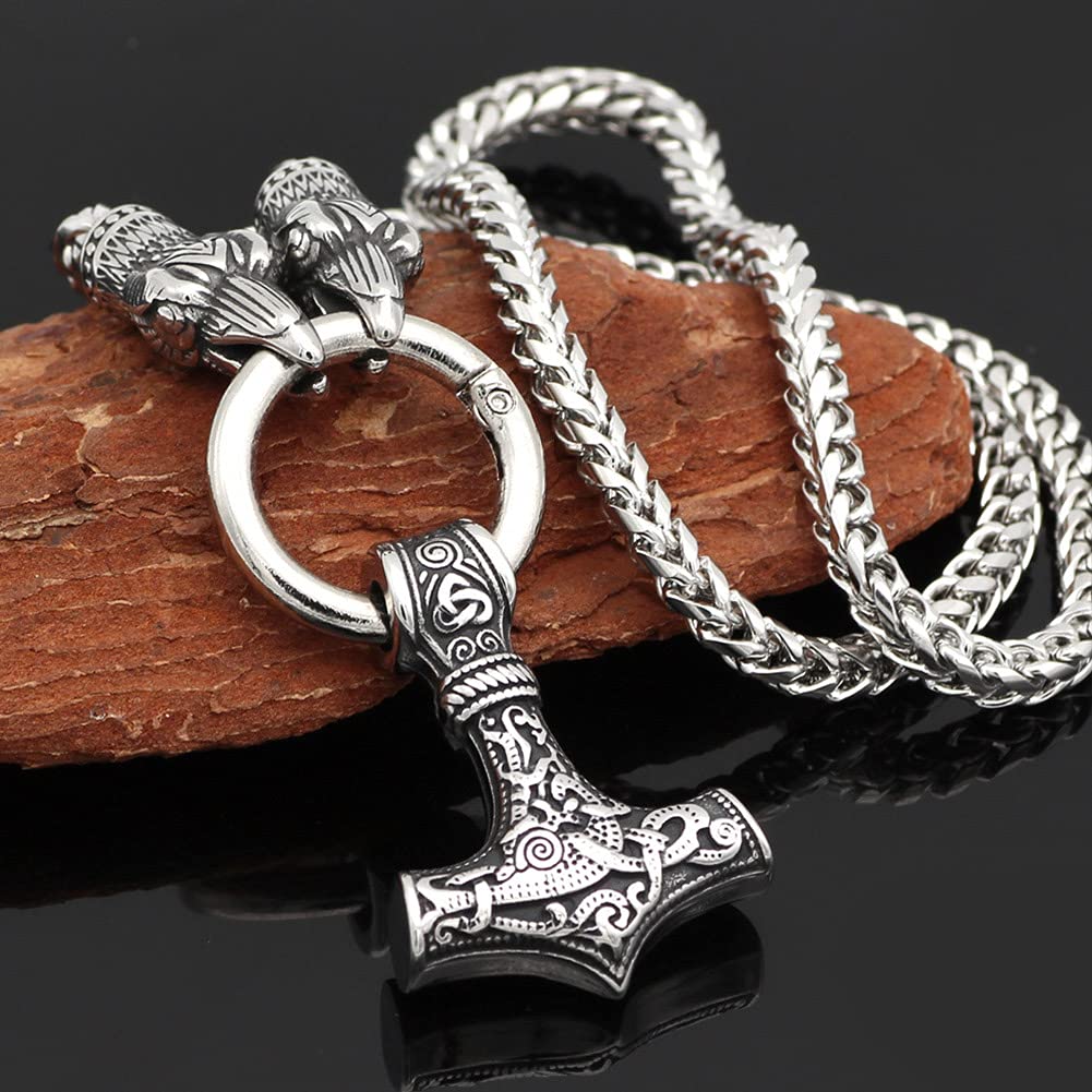 Nordische Mythologie Edelstahl Doppel Rabenköpfe Halskette, Runder Schnallenring, Thors Hammer Anhänger, Dicke Kette, Wikinger Mjolnir Amulette, Retro Skandinavischer Schmuck