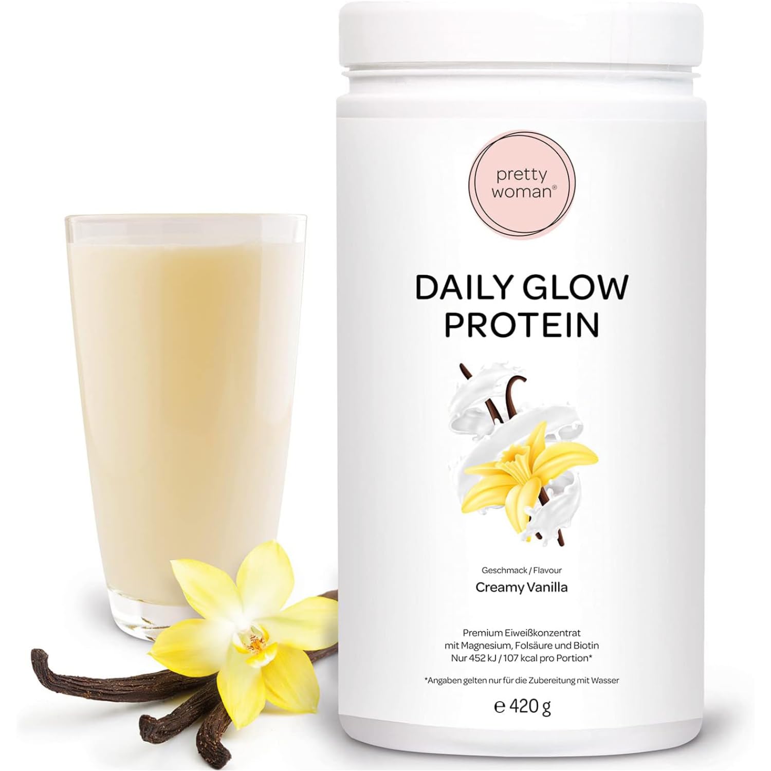 pretty woman® Daily Glow Eiweiss Protein Pulver für Frauen „Creamy Vanilla“ 420 g - Low Carb Shake mit Vitaminen & Mineralien, Biotin & Folsäure - nur 0,5g Zucker pro Portion