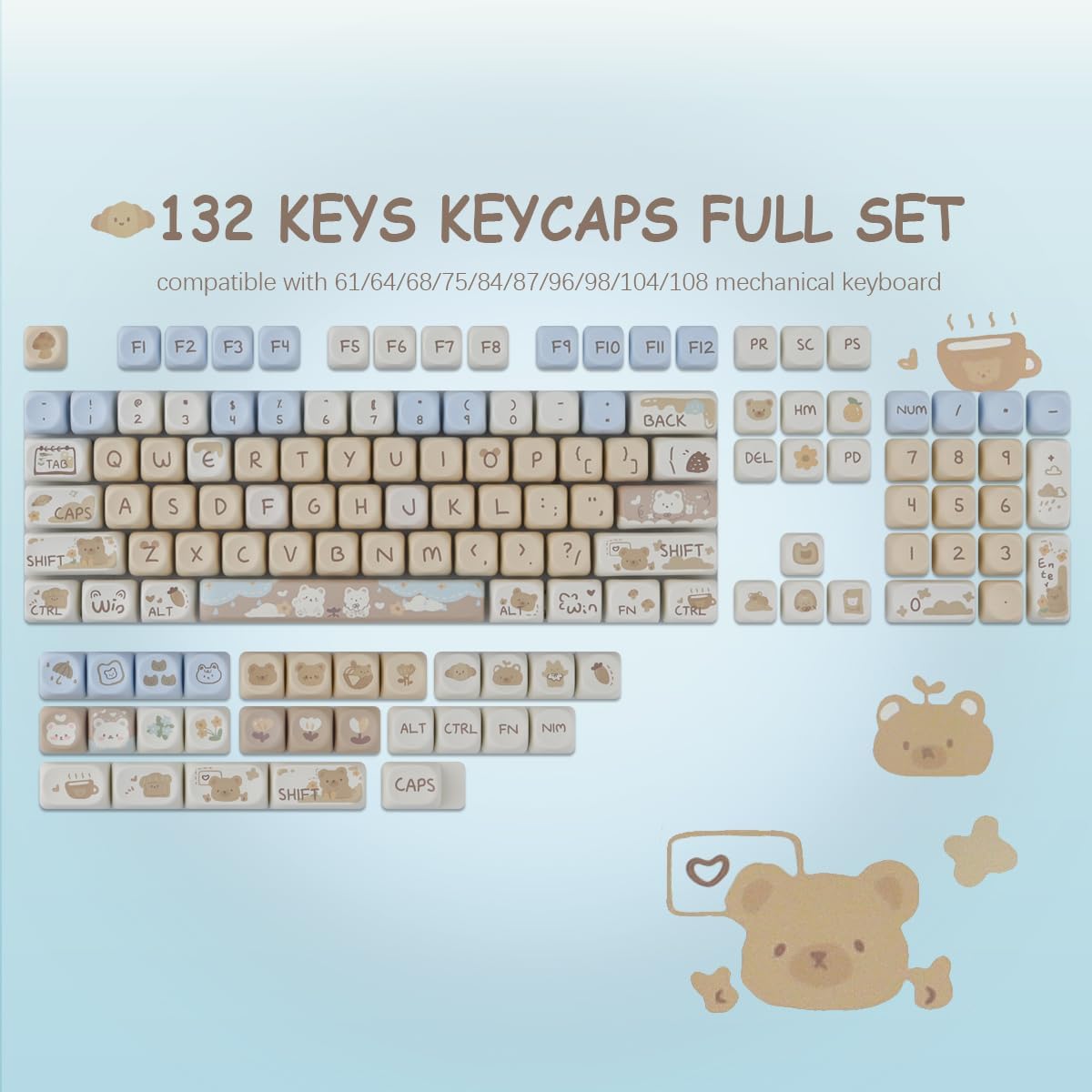 Sunzit MOA Keycaps,132 Keys Milk Tea Bear Custom PBT Keycaps, Dye-Sublimation Key caps Keyboard Keycap Set for MX Switches Mechanical Keyboard