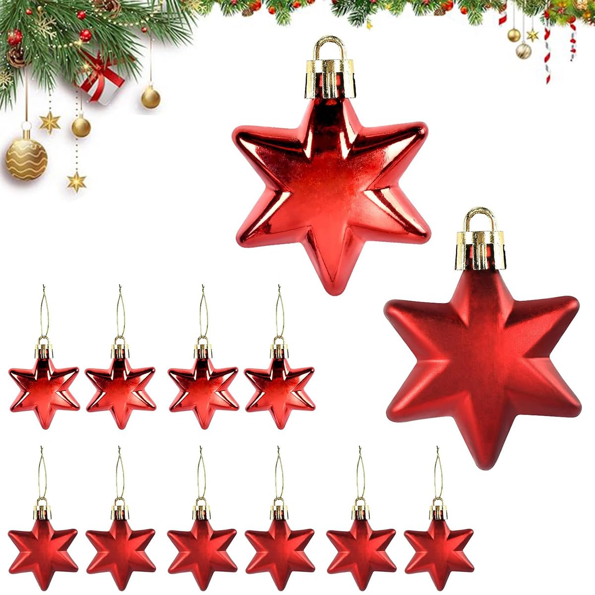 Pack of 12 Christmas Tree Decorations, Shatterproof Star Hangers, Plastic Poinsettia Ornament, Decorative Pendants
