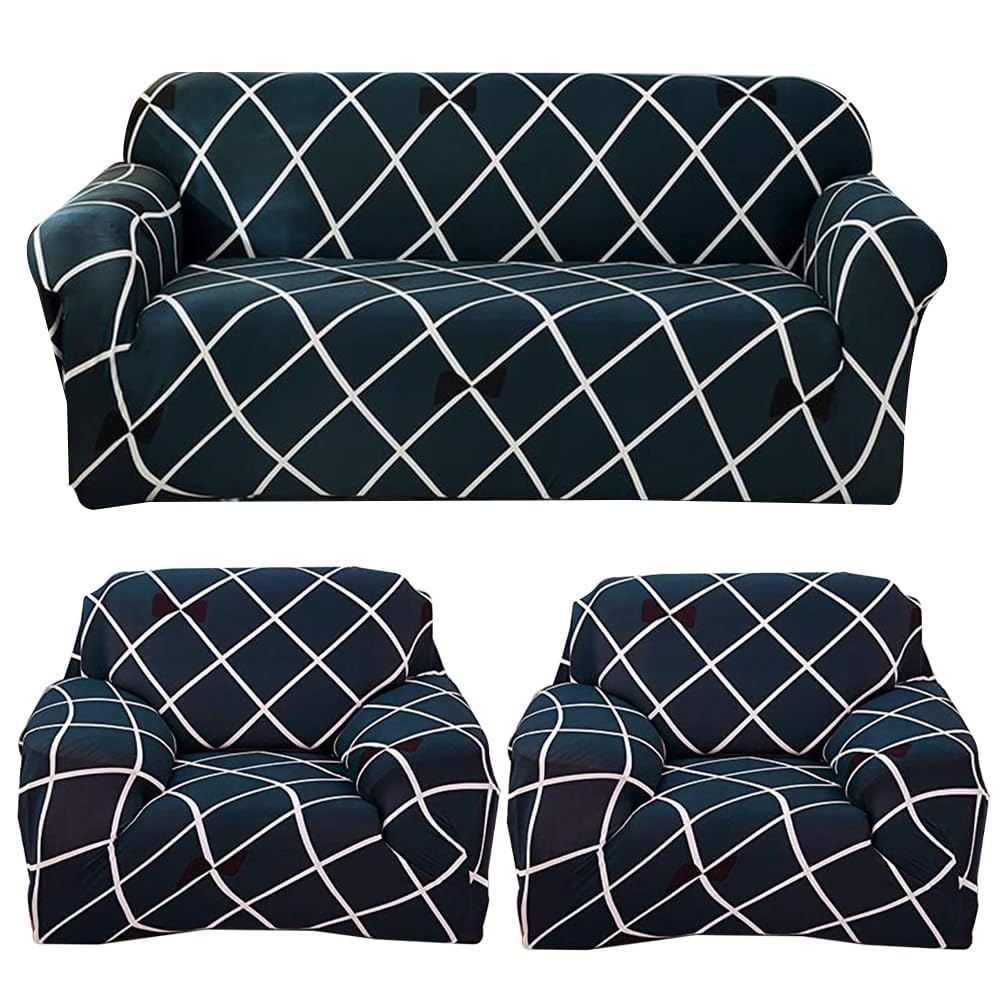 Sofa Cover 3 Seater and 2 Seater Fully Covered Universal 5 Seater Sofa Cover Non-Slip Sticky Elastic Stretchable Sofa Set Imported Slipcover (Blue Diamond, Five Seater (3+1+1))-image-11
