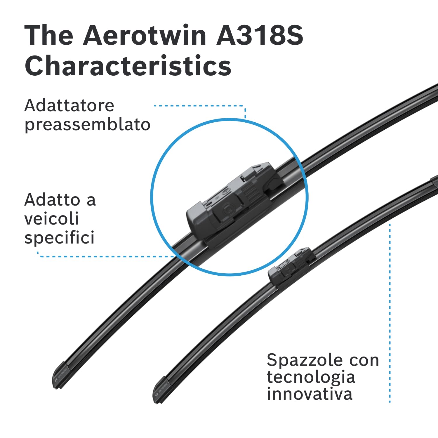 Tergicristalli Bosch Aerotwin A318S, Lunghezza 625mm/450mm, 1 set per parabrezza anteriore