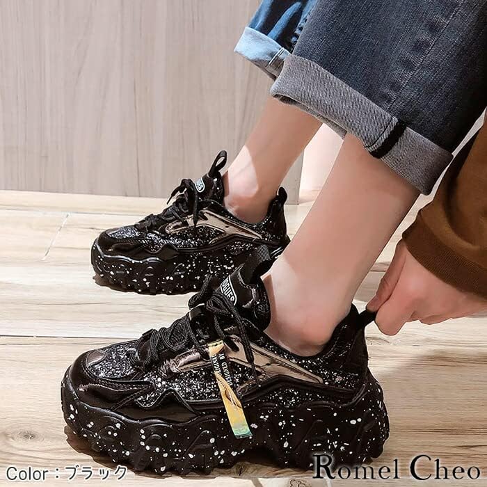 [RomelCheo] 厚底 グリッター スニーカー レディース 個性的 キラキラ 厚底スニーカー きらきら ラメ シューズ 韓国フ