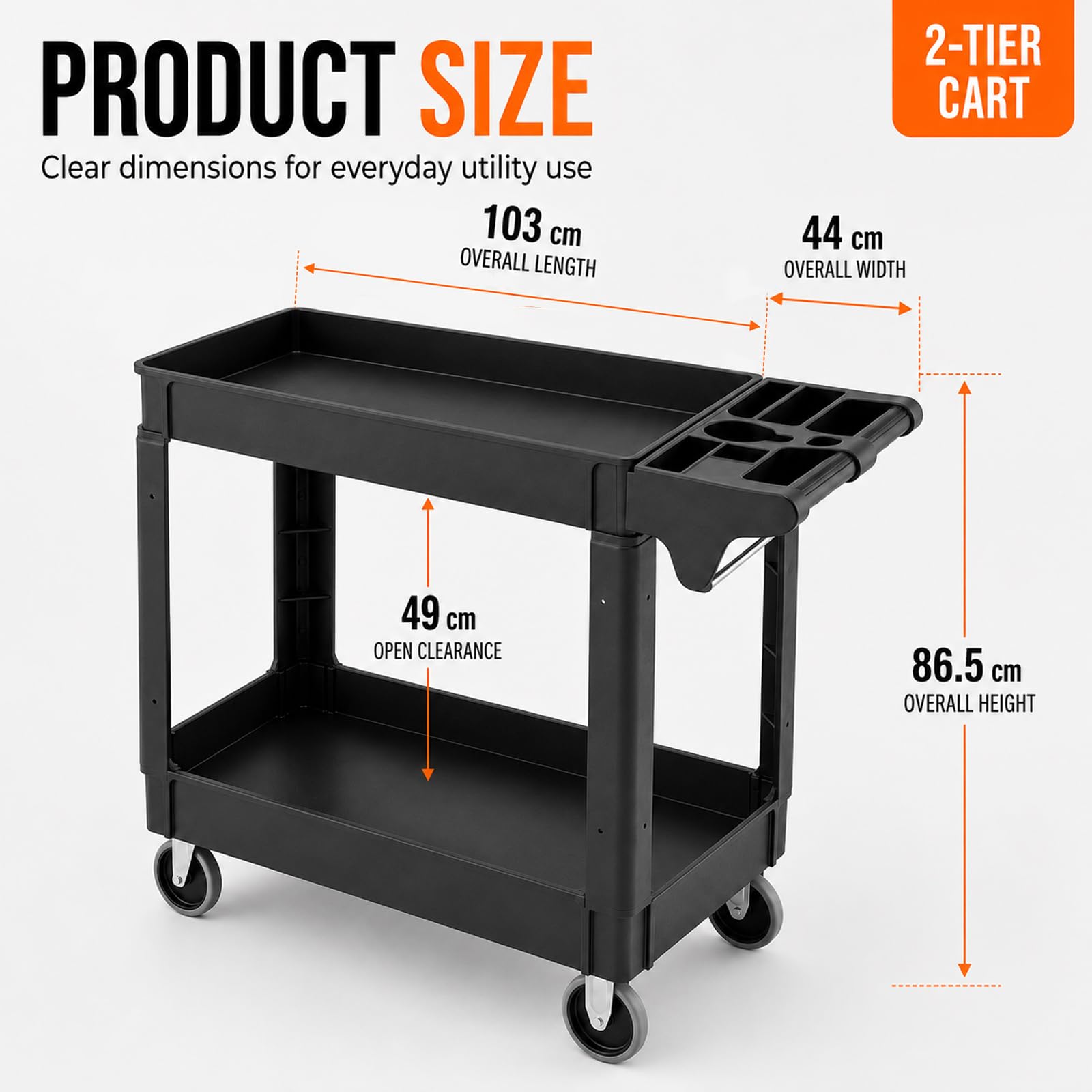 Carrito utilitario de plástico resistente, 40 x 17 x 34 pulgadas, carrito de servicio de 2 niveles con estantes profundos, ruedas giratorias completas, capacidad de 550 libras, carrito de