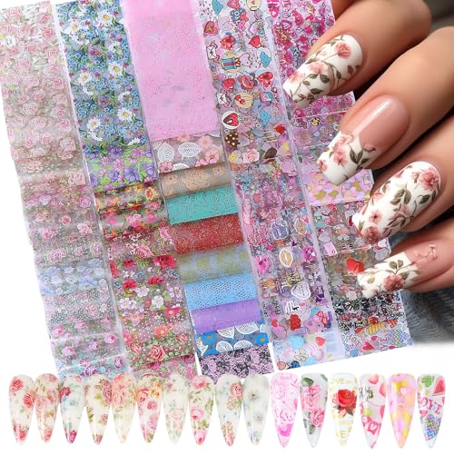 Zosutetoxo Stickers 50PCS Nail Stencils & Transfer Foil Nails Stamping Templates with Love Heart Flower Nail Art Foils