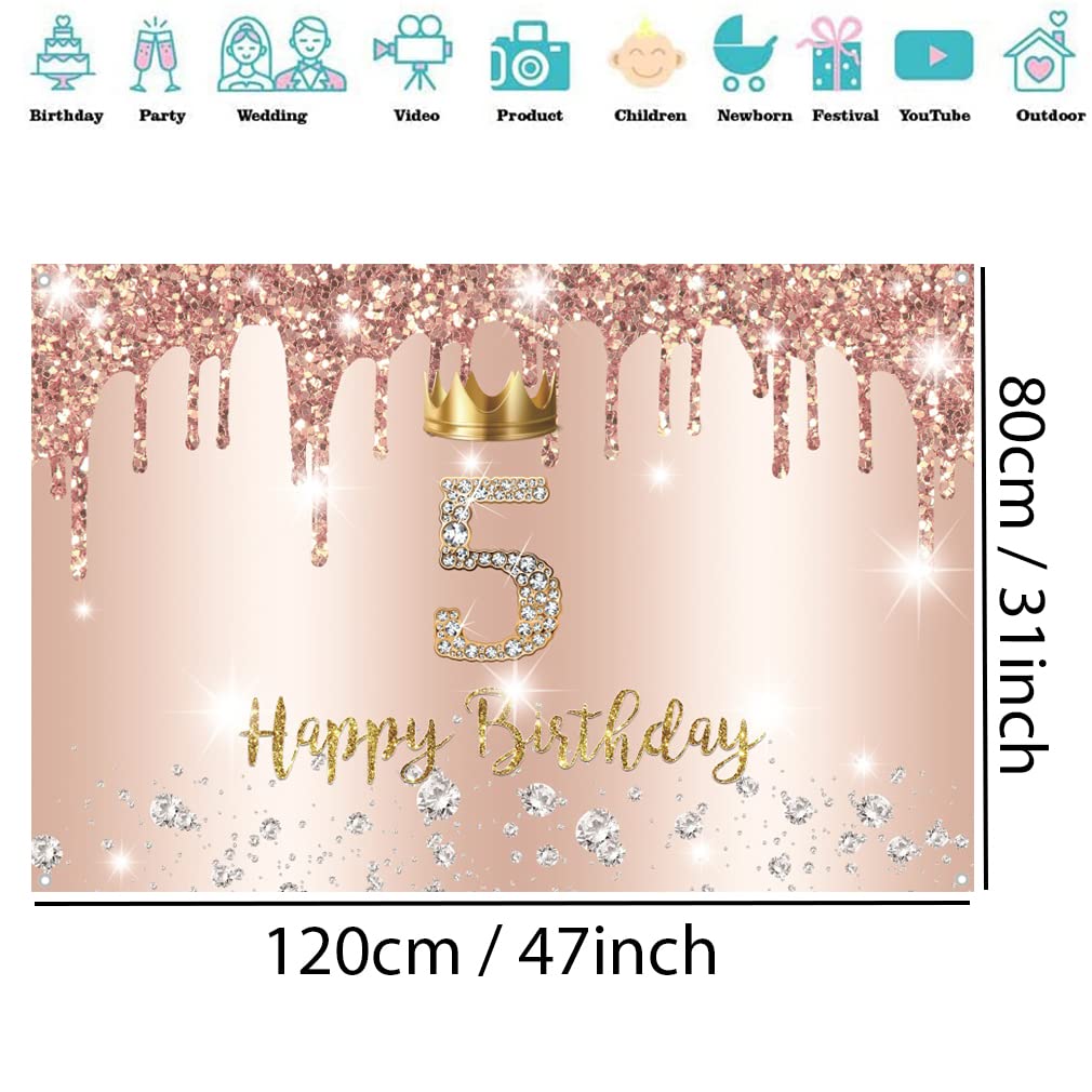 Décorations De 5e Anniversaire Pour Filles, Décoration De Fête, Panneau En Tissu Noir Et Or Rose, Affiche à Suspendre, Toile De Fond Pour 5e Anniversaire