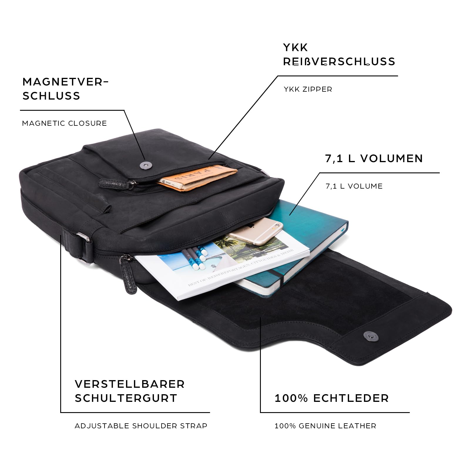 LEABAGS Borsa a Tracolla in Pelle per Uomo e Donna | Borsa per Laptop in Vera Pelle fino a 13 Pollici | Messenger Bag con Tracolla | Borsa da Lavoro, Trasporto e a Mano | Nappa Nera