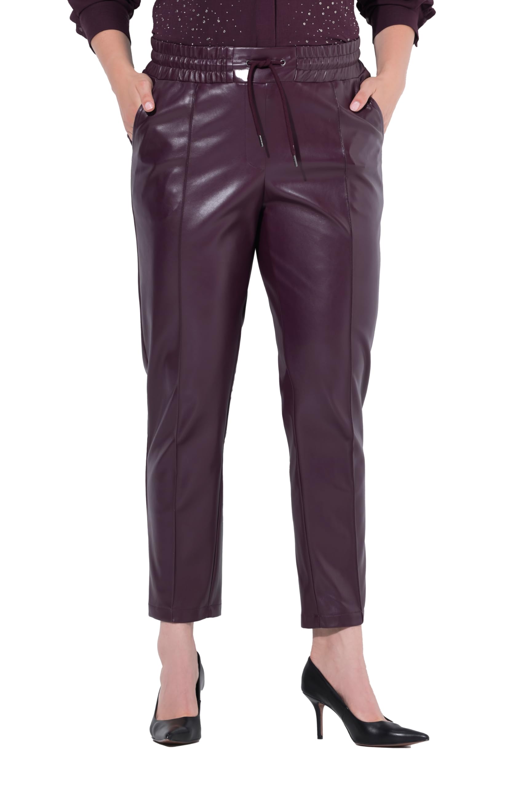 Ulla Popken Damen große Größen Übergrößen Plus Size 7/8-Hose, Lederoptik, Biesen, Elastikbund 813370