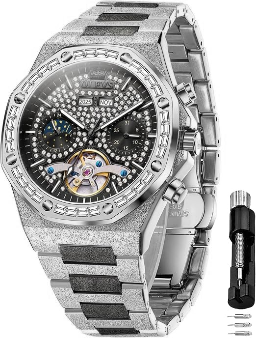 Image of OLEVS Automatic Watch for Men Self-Winding Diamond Waterproof Stainless Steel Wrist Watches Tourbillon Skeleton Mechanical