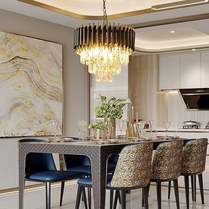 Image of Modern Ceiling Lamp 3-Tier Round Crystal Chandelier for Living Room | Modern Ceiling Light Jhumar for Hall for Home Decoration + 3 Color LED Light (Black Gold, 450MM)