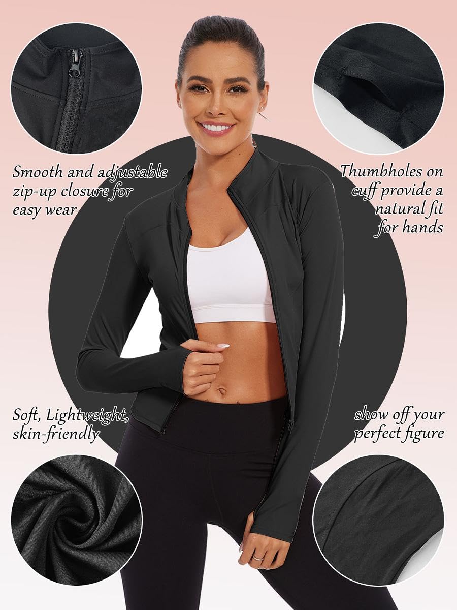 Veste de Sport Femme Veste de Course à Manches Longues Course Running Léger avec fermeture éclair Séchage Rapide Veste de Course avec Trous pour les pour Yoga Fitness