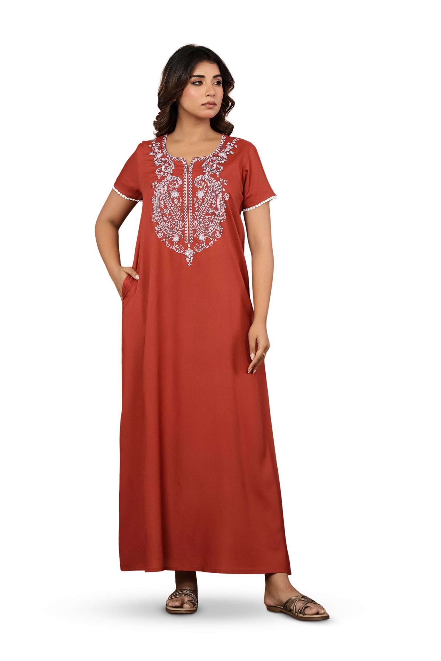nihsamah Viscose Nighty for Women, Embroidered & Printed Stylish Night Gown, Half Sleeve Comfortable Sleepwear Long Nightwear, Maxi-picture-47