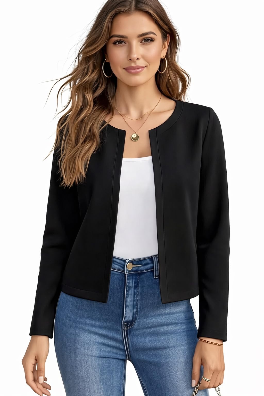 Women's Blazers | Blazer for Women | Top | Tshirt | Tops for Woman | Open Front Jacket | Lightweight Coat | Round Neck Longline Jackets Blouse | Formal | Regular Fit | Fashion-Forward | Office-image-39