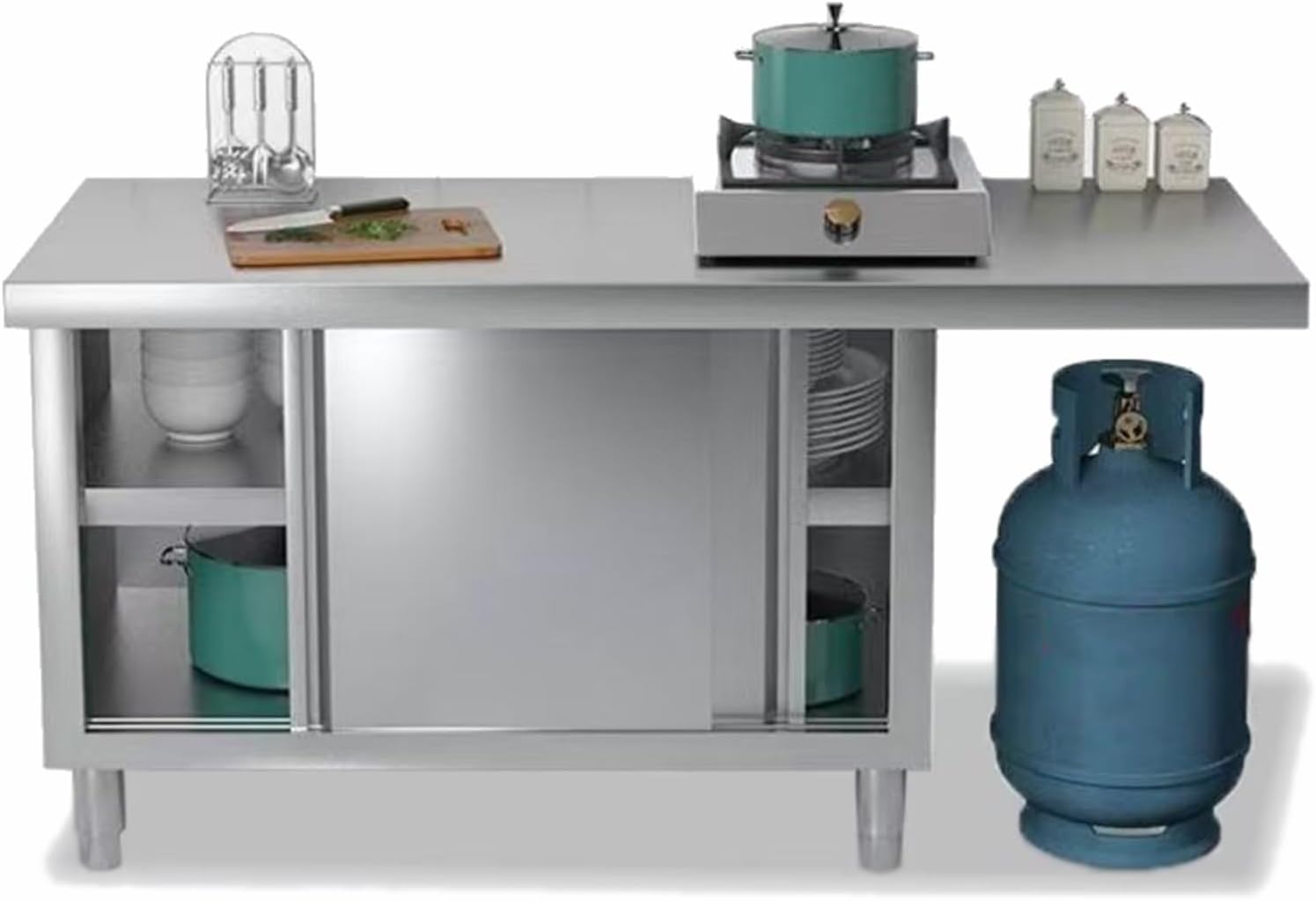 Stainless Steel Workbench Extendable Countertop Accommodates Gas Cylinders Kitchen Work Table H 80cm Rail-Sliding Door Design Reinforced Adjustable Legs Dual-Layer Storage Space