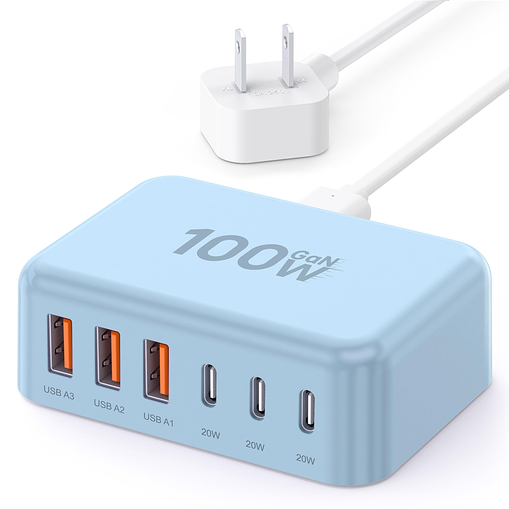 USB Fast Charger Block 50% Smaller 100W Max 6-Port GaN USB Charging Station