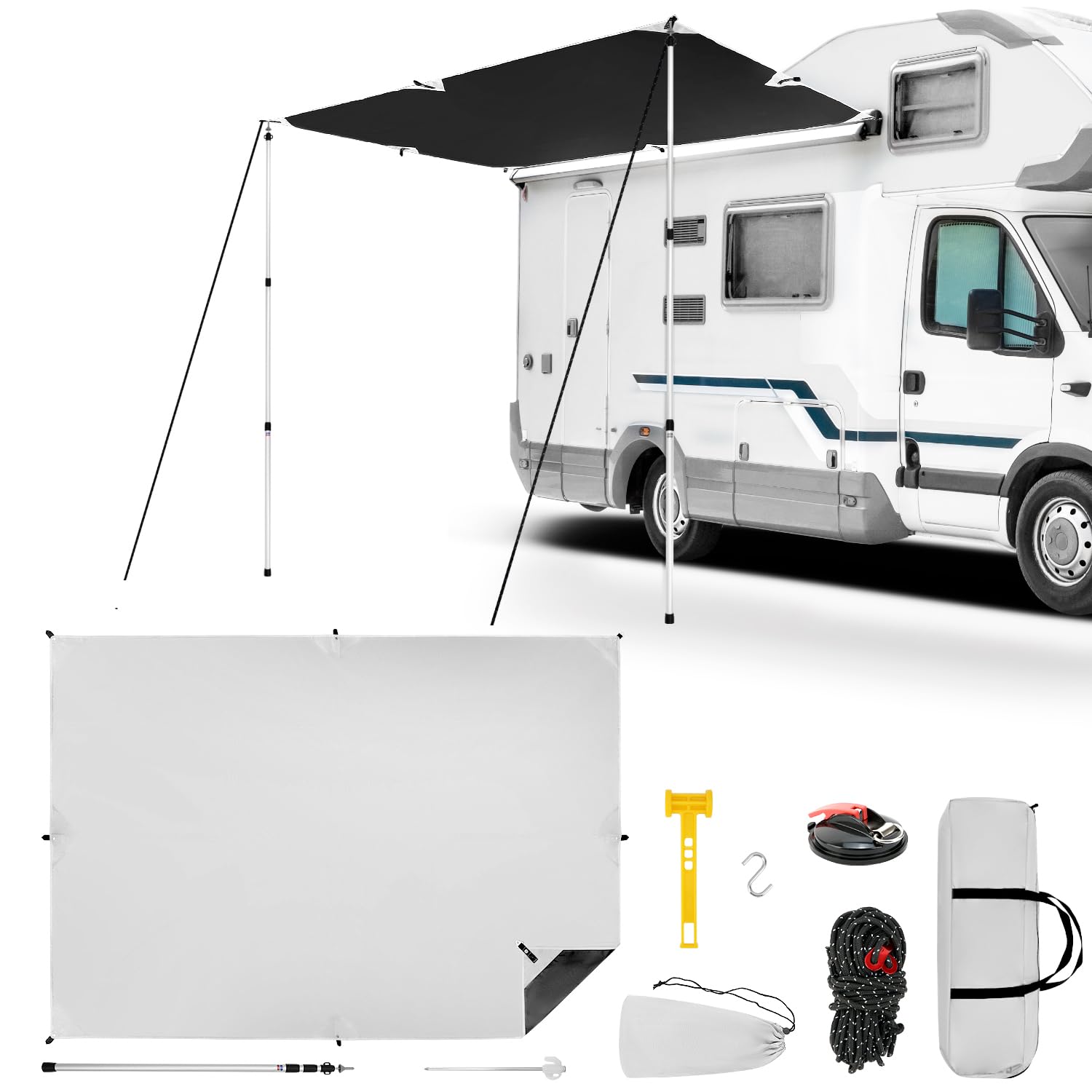 QWORK Sonnensegel Wohnwagen 300x200 cm Teleskopstangen 95-230 cm Markise UV 50+ UV-Schutz 6000mm Wasserdicht
