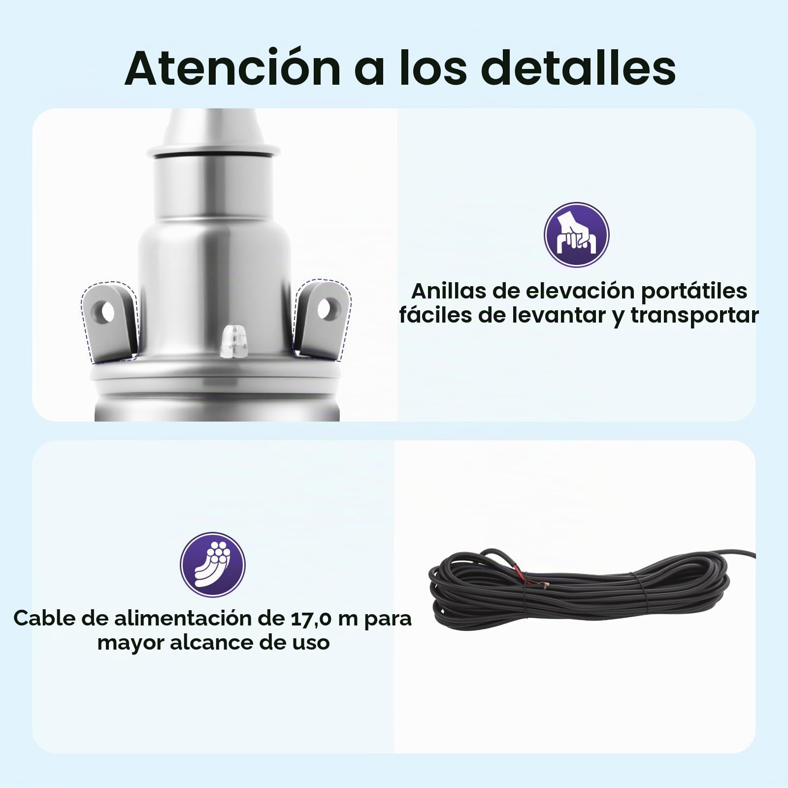 Bomba sumergible, 12 V 180 W, bomba de agua de acero inoxidable, bomba de pozo profundo con caudal de 1000 L/H, altura de elevación de 30 m, IP68, protección contra sobrecalentamiento, motor de cobre