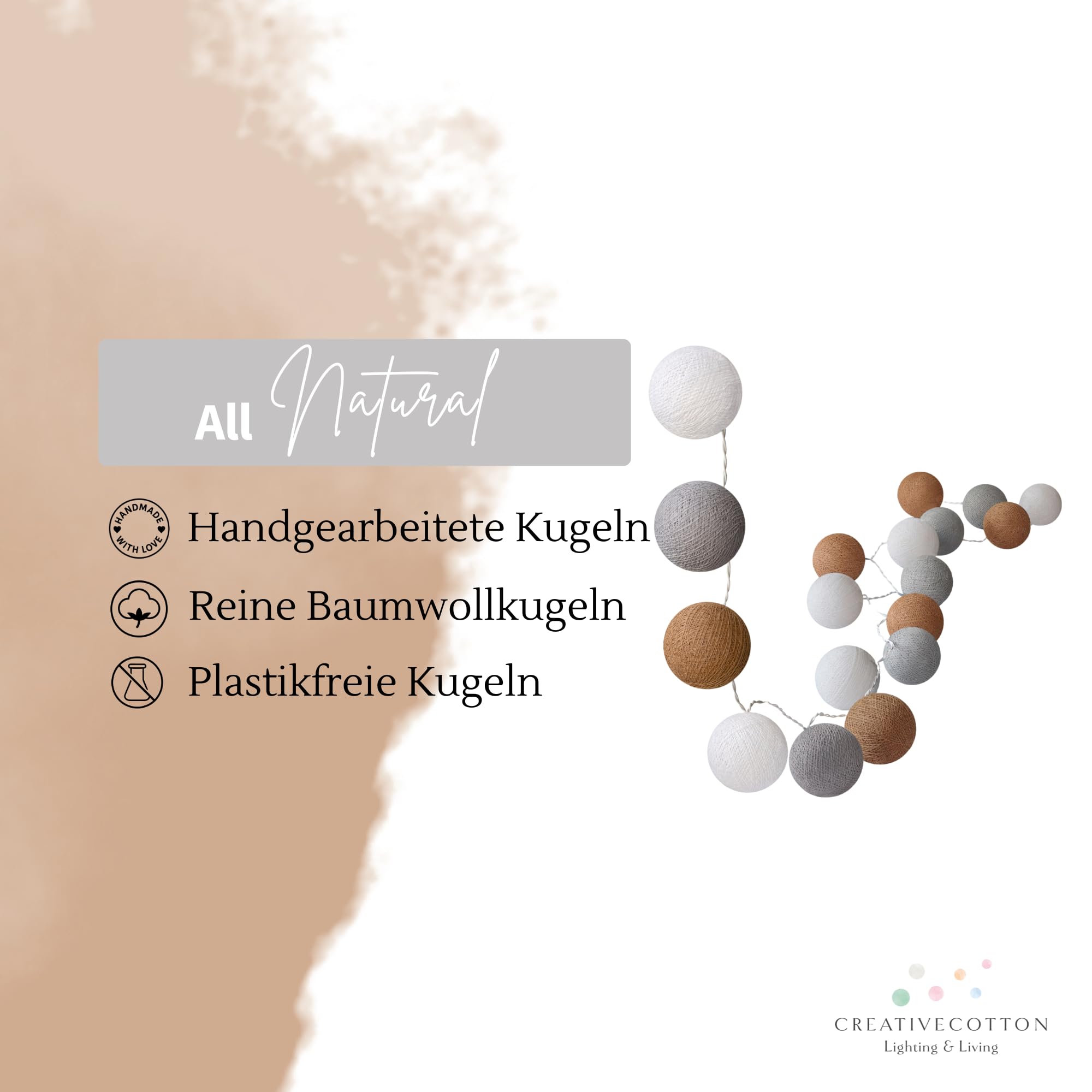 CREATIVECOTTON LED Lichterkette mit Cotton Balls inkl. Timer und Dimmer (Ambiance, 20 Kugeln)