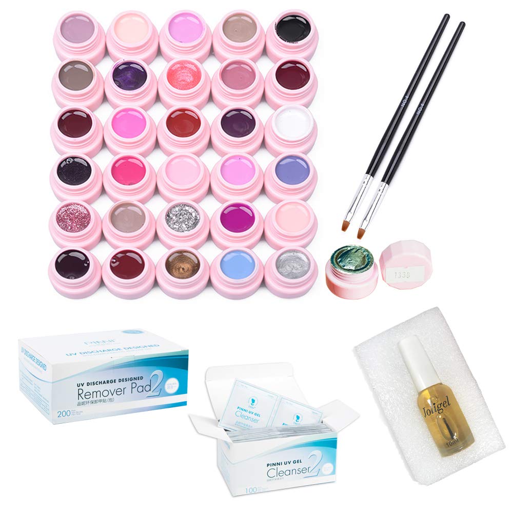 Juego de esmaltes de uñas en gel de 30 colores con 2 cepillos y 200 almohadillas de removedor para manicura UV/LED Semi-Permanent